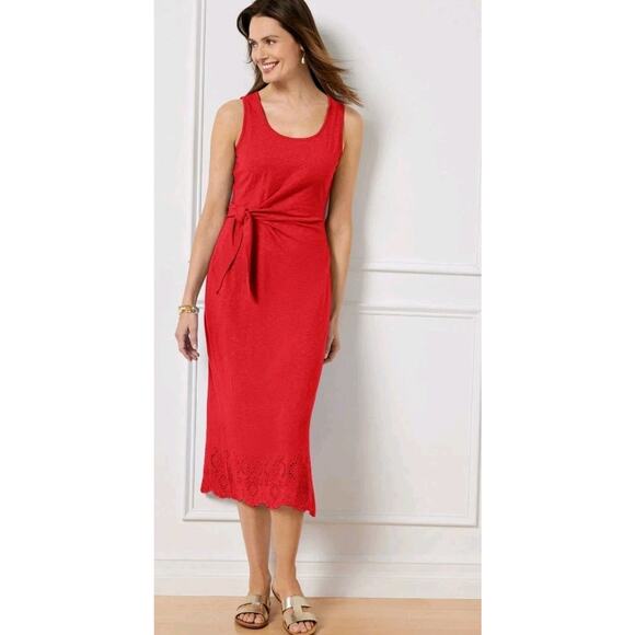 Talbots Nantucket Slub sleeveless Side Tie Midi Knit dress Eyelet Hem XS Small - Picture 1 of 9